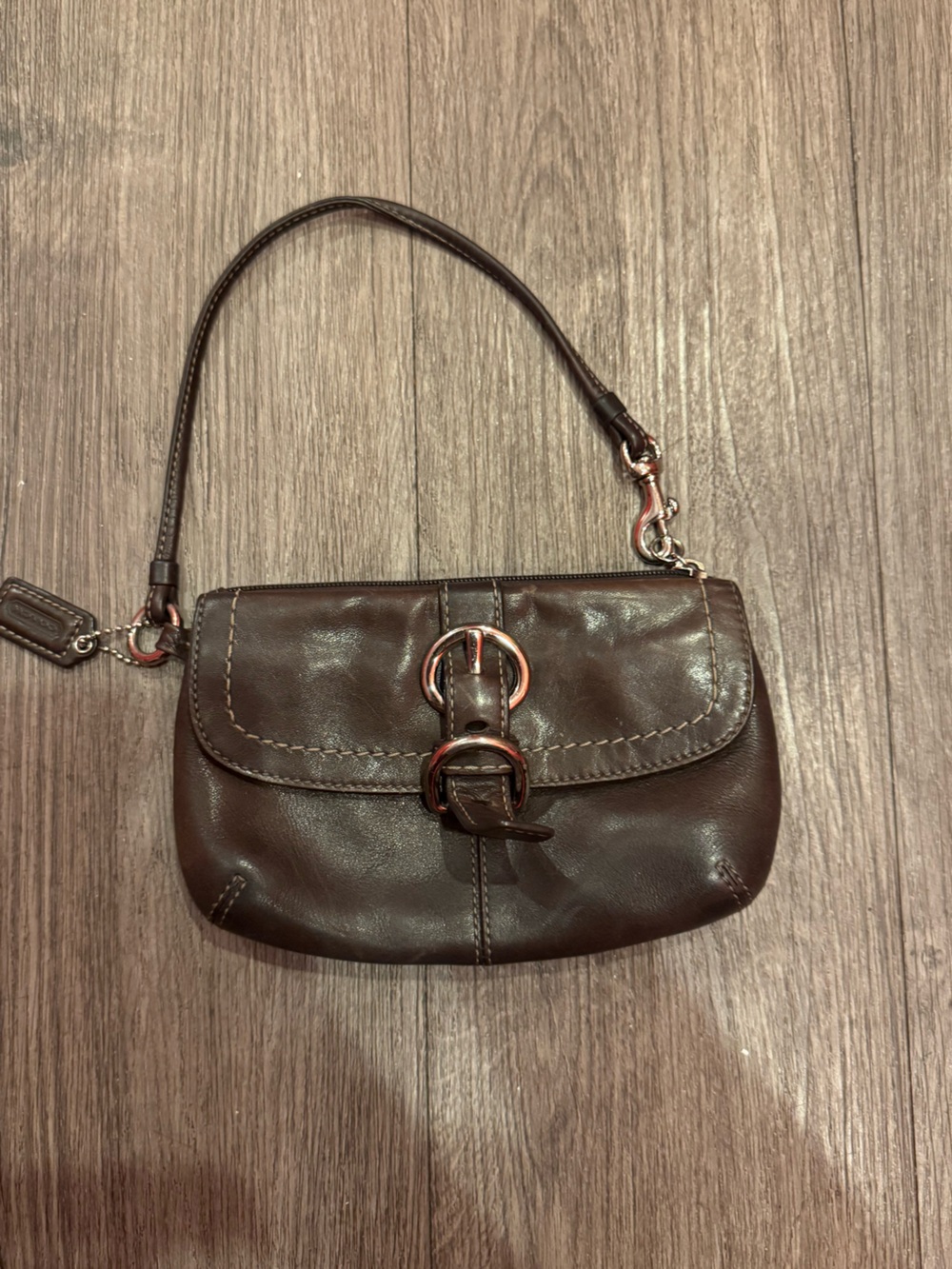 Coach Dark Brown Leather Wristlet with Buckle Detail